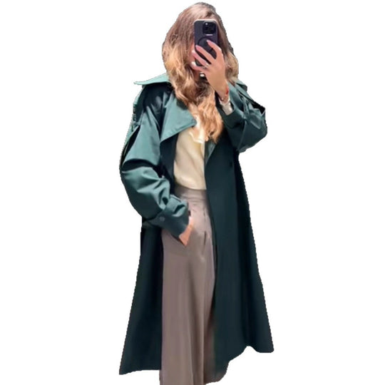 Damen Langer wasserabweisender Trenchcoat mit Taillengürtel und hohem Stehkragen Nord Taschen