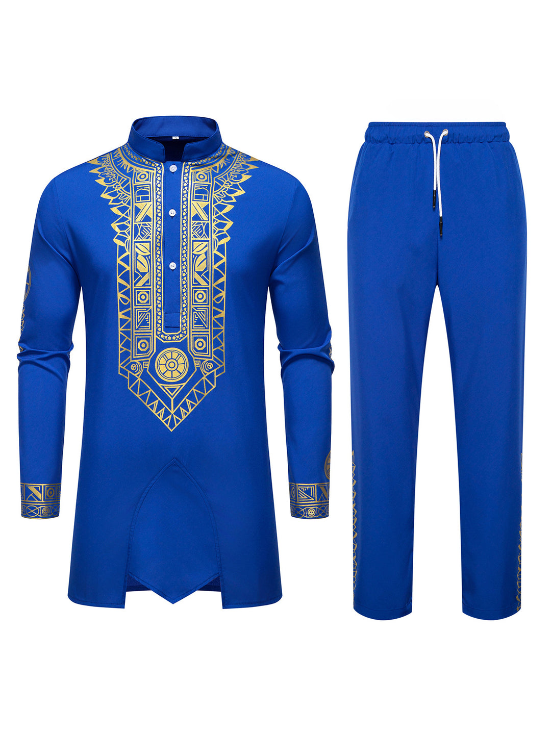 Herren Traditionelles Langarm-Kurta-Set mit Stehkragen, goldfarbenem Ornamentdruck und Tunnelzughose Nord Taschen