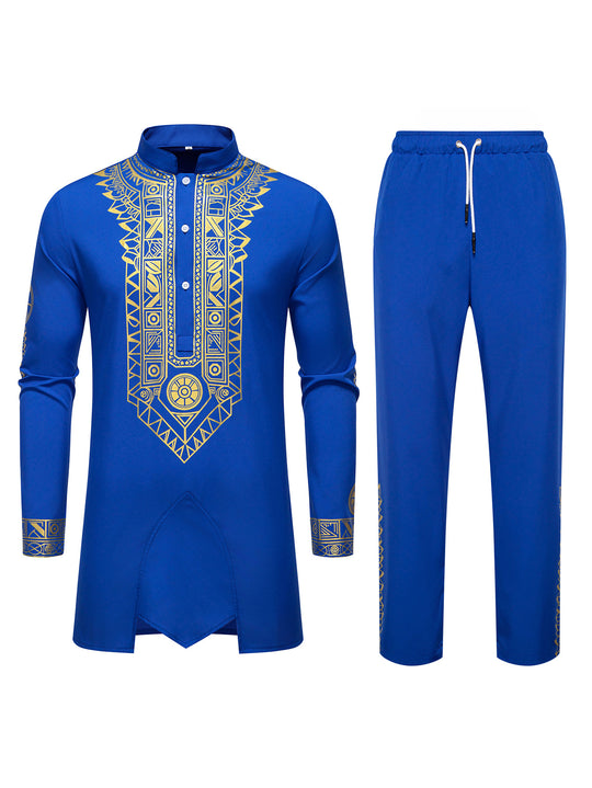 Herren Traditionelles Langarm-Kurta-Set mit Stehkragen, goldfarbenem Ornamentdruck und Tunnelzughose Nord Taschen