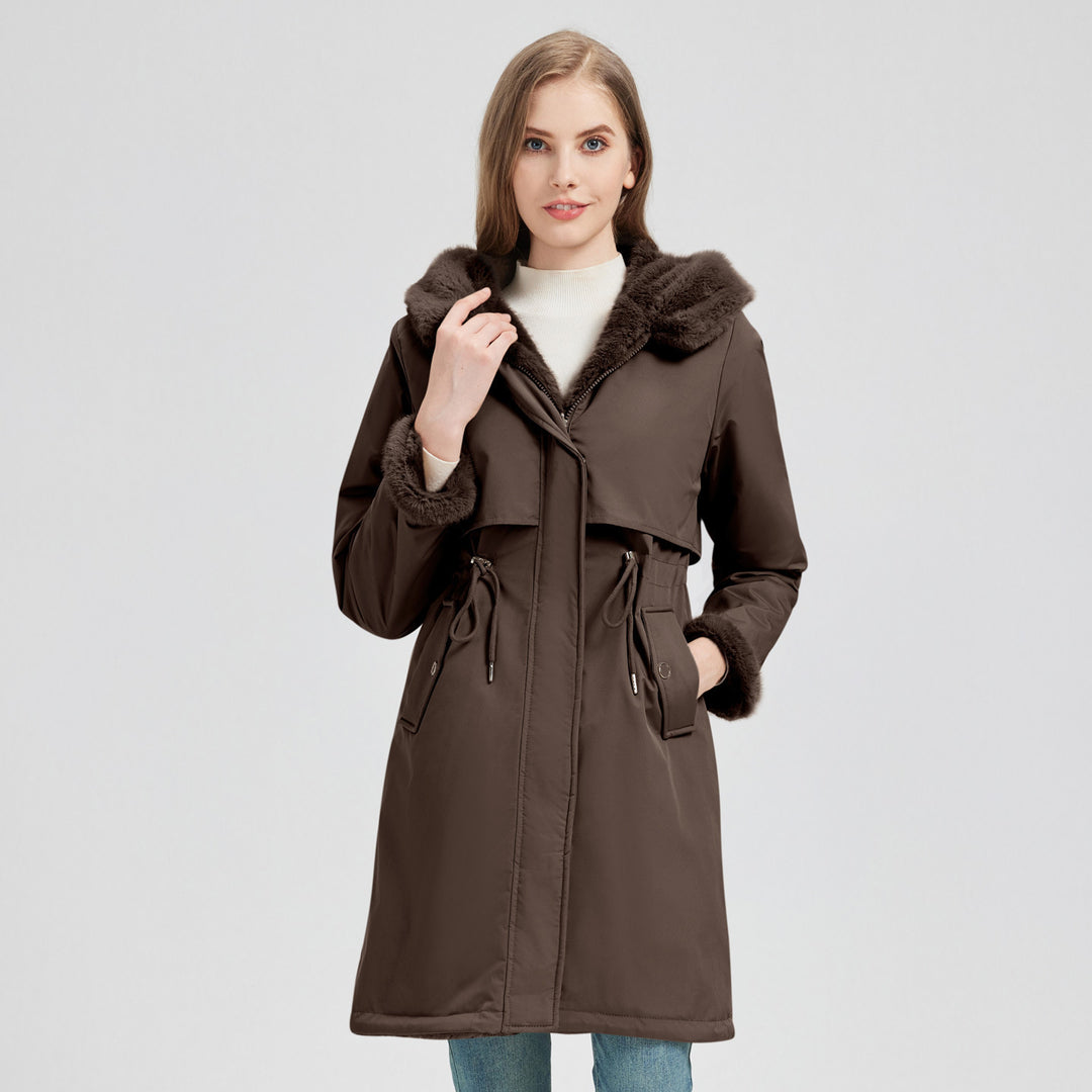 Damen nan taillierter langer Thermoparka mit Webpelzbesatz an Kapuze und Ärmeln sowie Kordeltaille Nord Taschen