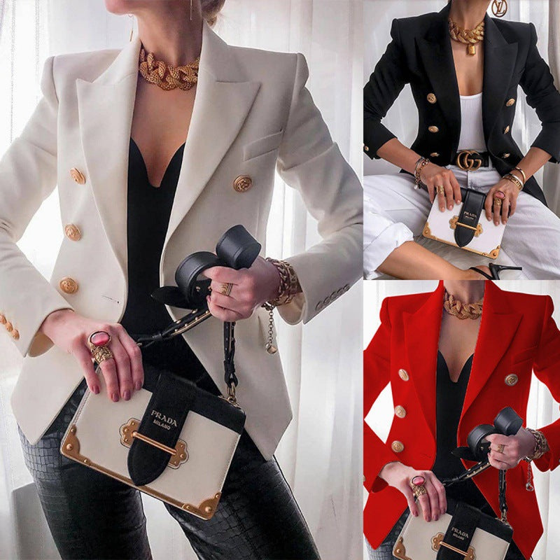 Damen taillierter Doppelreihiger Blazer mit strukturierten Schultern und Zierknöpfen Nord Taschen