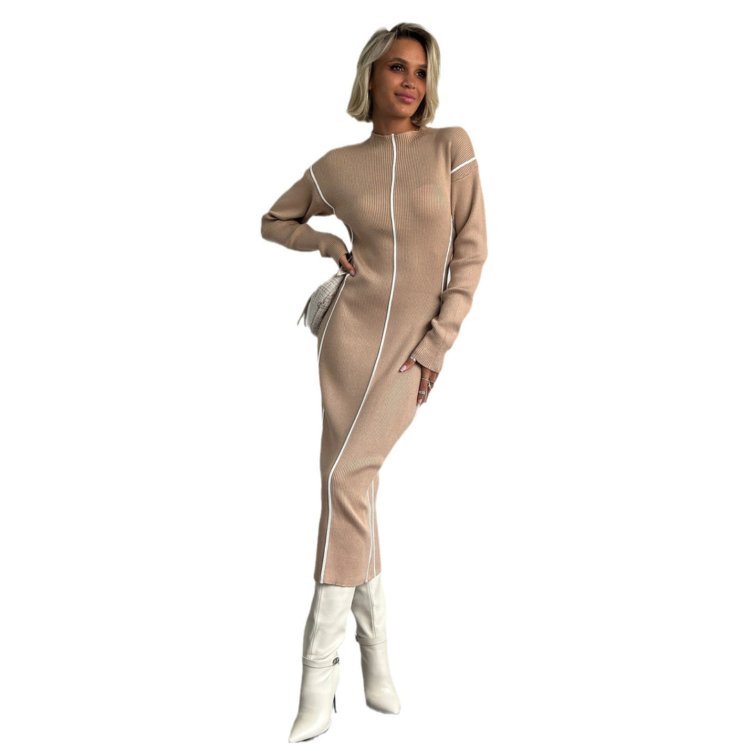 Damen schlankes Midikleid mit Stehkragen, vertikalen Kontrastnähten und Langarm-Rippstrick Nord Taschen