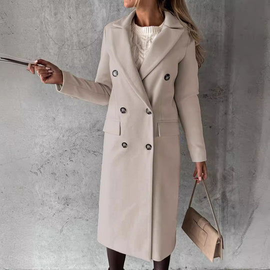 Damen Doppelreihiger Midilanger Wollmantel mit Reverskragen und taillierter Silhouette Nord Taschen