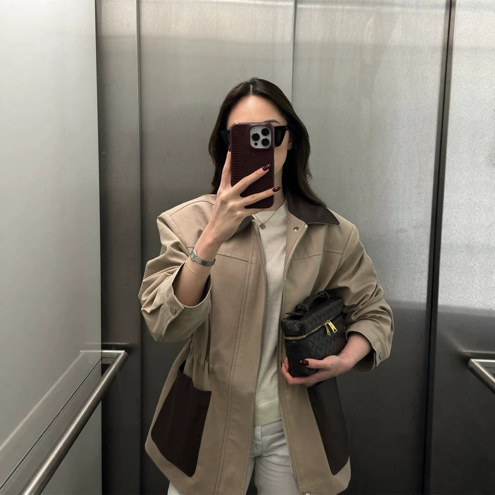 Damen Boxy-Fieldjacke mit kontrastkragen in Lederoptik und aufgesetzten Taschen Nord Taschen