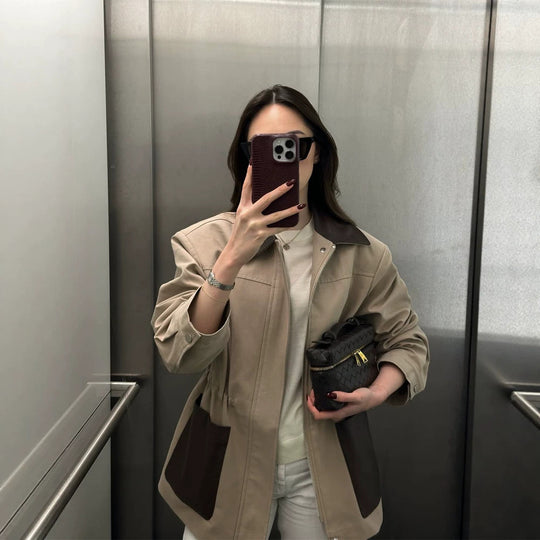 Damen Boxy-Fieldjacke mit kontrastkragen in Lederoptik und aufgesetzten Taschen Nord Taschen