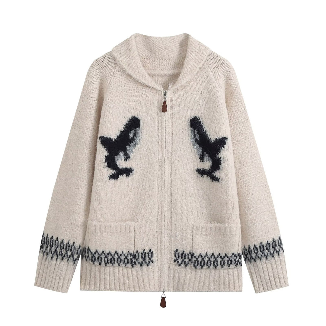 Damen Grobgestrickter Zip-Cardigan mit Schalkragen und Intarsia-Motiv Nord Taschen