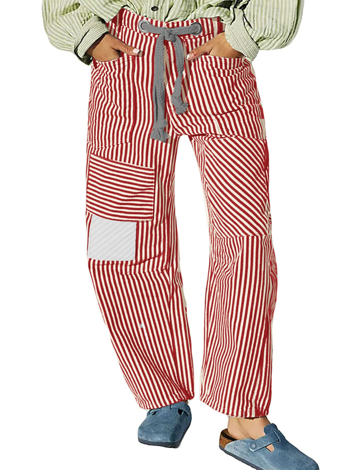 Damen lässige gestreifte Leinenhose mit Kordelzug und aufgesetzten Taschen Nord Taschen