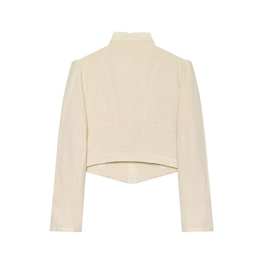 Damen Cropped Jacke mit Stehkragen, Rüschenblende und doppelreihiger Zierknopfleiste Nord Taschen