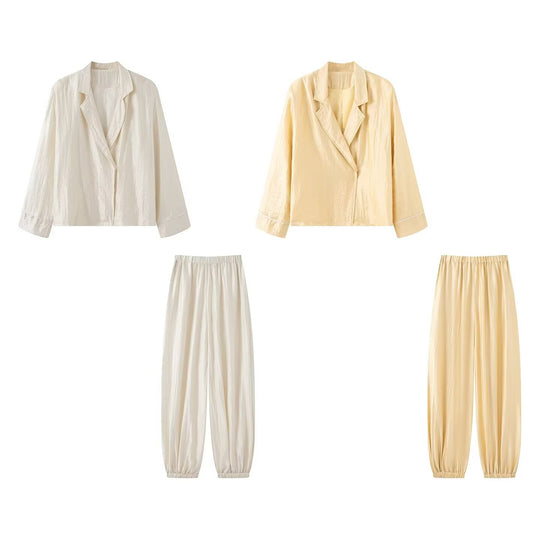 Damen Zweiteiliges Satin-Pyjama-Set mit Blazer-Oberteil und elastischer Bundhose Nord Taschen