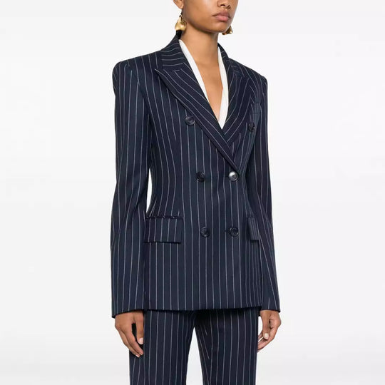 Damen Nadelstreifen Zweireihiger Blazer mit High‑Waist Schlaghose Nord Taschen