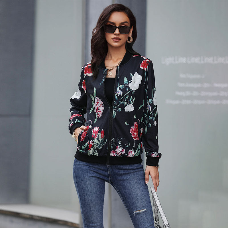 Damen Blumen-Bomberjacke mit Reißverschluss, Rippbündchen und Eingrifftaschen Nord Taschen