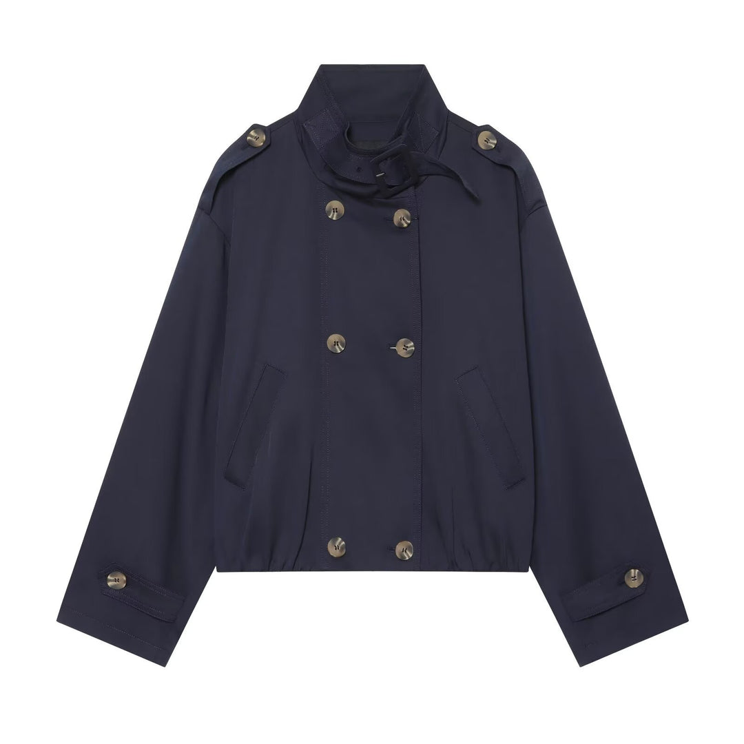Damen Kurz geschnittene doppelte Knopfleiste Trench-Bomberjacke mit Stehkragen, Riegel und elastischem Saum Nord Taschen