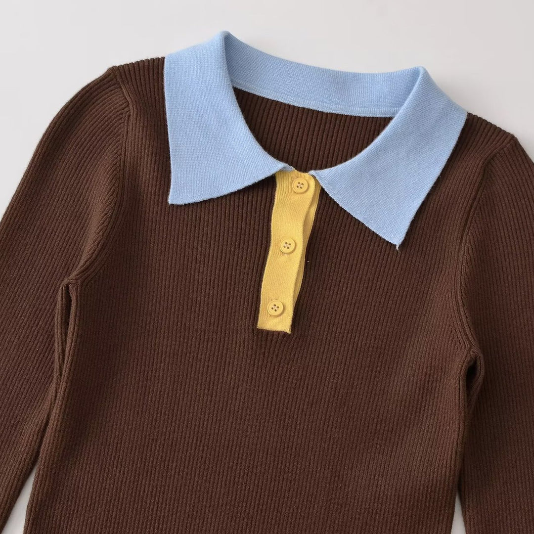 Damen Figurbetonter Rippstrick-Pullover mit Polokragen, Knopfleiste und Colorblock-Details Nord Taschen