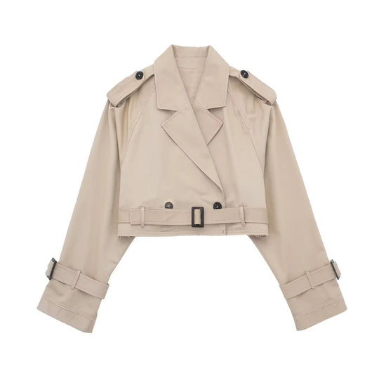 Damen kurzgeschnittene Trenchjacke mit Epauletten, Taillengürtel und verstellbaren Manschetten Nord Taschen