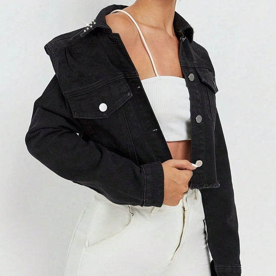 Damen Cropped Jeansjacke mit perlenbesetztem Kragen und rohem FransenSaum Nord Taschen