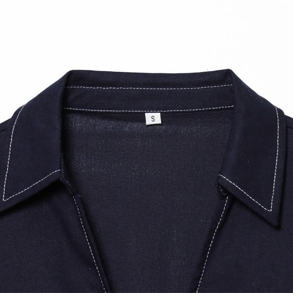 Damen Boxy‑Hemdbluse mit offenem V‑Ausschnitt, kurzem Oversize‑Arm und Kontrastnaht Nord Taschen