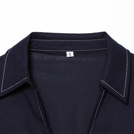 Damen Boxy‑Hemdbluse mit offenem V‑Ausschnitt, kurzem Oversize‑Arm und Kontrastnaht Nord Taschen