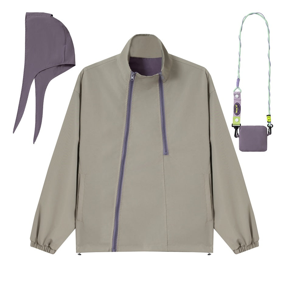 Unisex Kurz geschnittene technische Windjacke mit asymmetrischem Zwei‑Wege‑Reißverschluss, abnehmbarer Sturmhaube und Umhänge‑Minitasche Nord Taschen