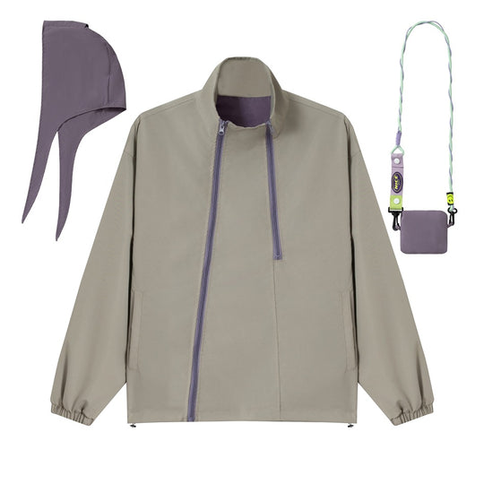 Unisex Kurz geschnittene technische Windjacke mit asymmetrischem Zwei‑Wege‑Reißverschluss, abnehmbarer Sturmhaube und Umhänge‑Minitasche Nord Taschen