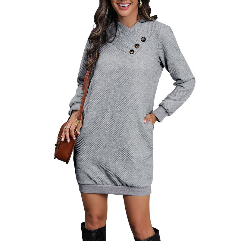 Damen Gesteppter Sweatshirt-Minikleid mit asymmetrischem V‑Ausschnitt und Zierknopfleiste Nord Taschen
