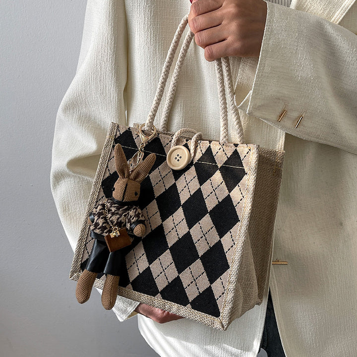 Damen Jute-Umhängetasche mit stilvollem Rautenmuster Nord Taschen