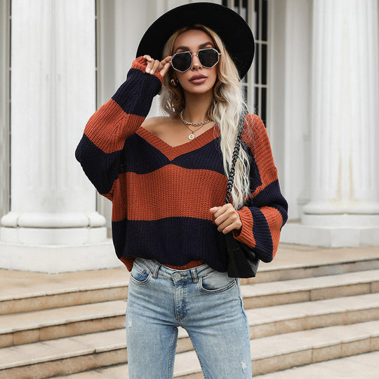 Damen Gestreifter Oversize V‑Ausschnitt Pullover im Grobstrick Nord Taschen