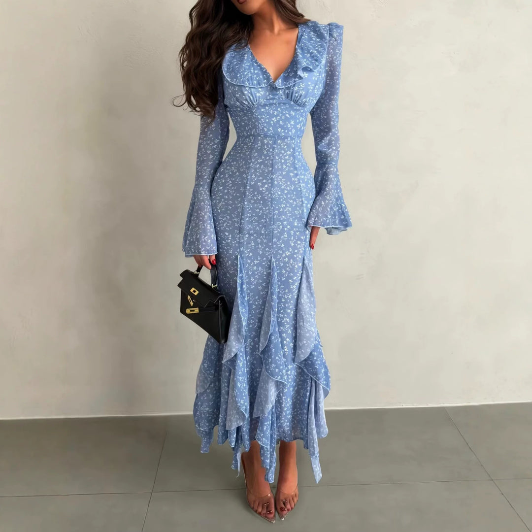 Damen Maxikleid mit V-Ausschnitt, Volantstufen und Trompetenärmeln Nord Taschen