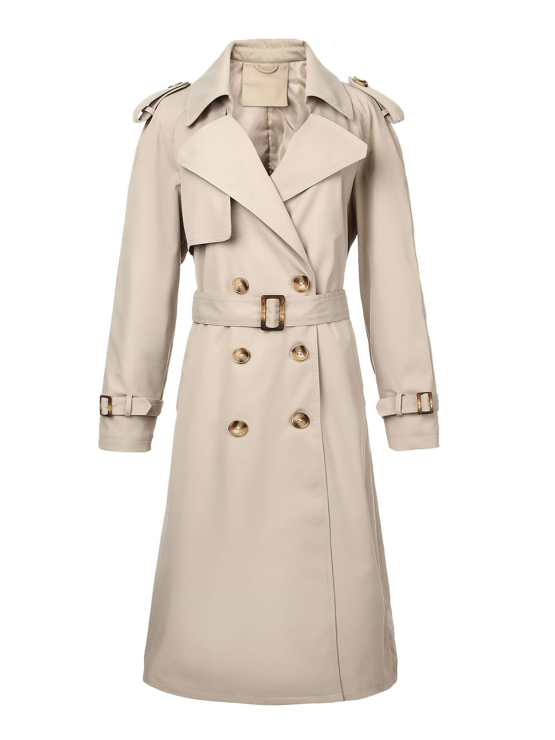 Damen Langer Doppelreihiger Trenchcoat mit Taillengürtel und Epauletten Nord Taschen
