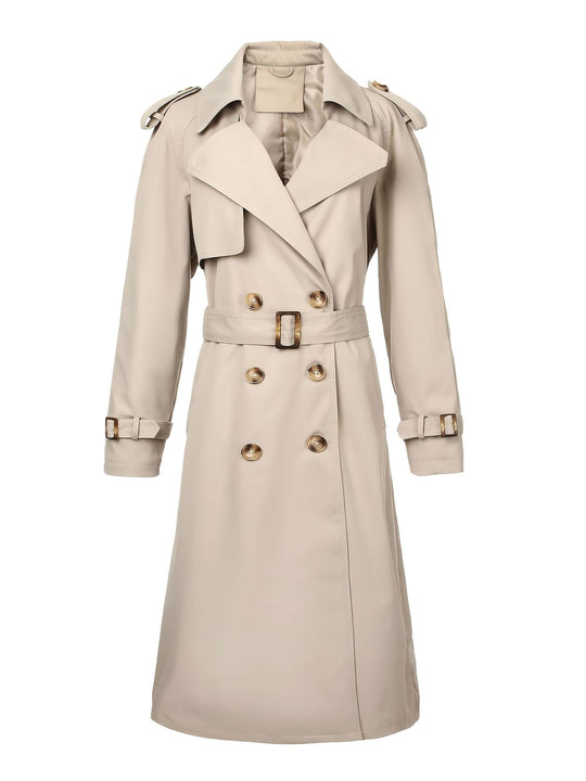 Damen Langer Doppelreihiger Trenchcoat mit Taillengürtel und Epauletten Nord Taschen
