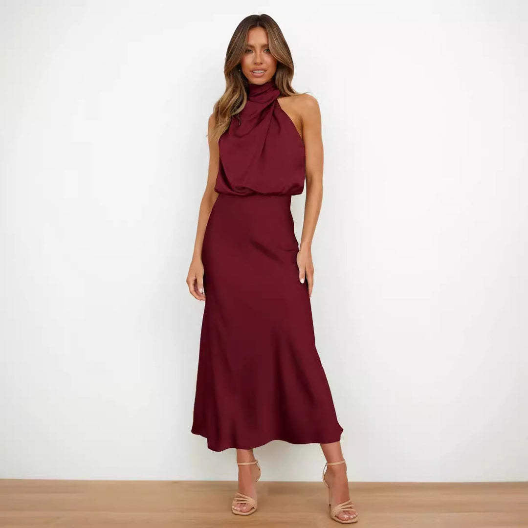 Damen Fließendes Maxikleid mit elegantem Stehkragen und Drapierung