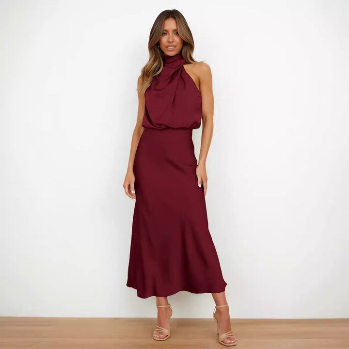 Damen Fließendes Maxikleid mit elegantem Stehkragen und Drapierung