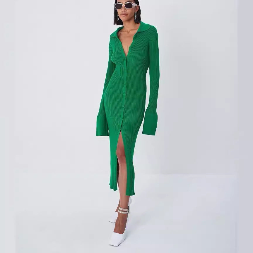 Damen Figurbetontes Rippenstrick-Knopfkleid mit Polokragen Drune