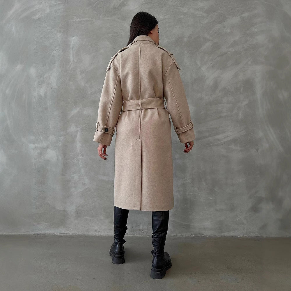 Damen Oversize Wollmix-Mantel mit doppelreihiger Knopfleiste und Taillengürtel Nord Taschen