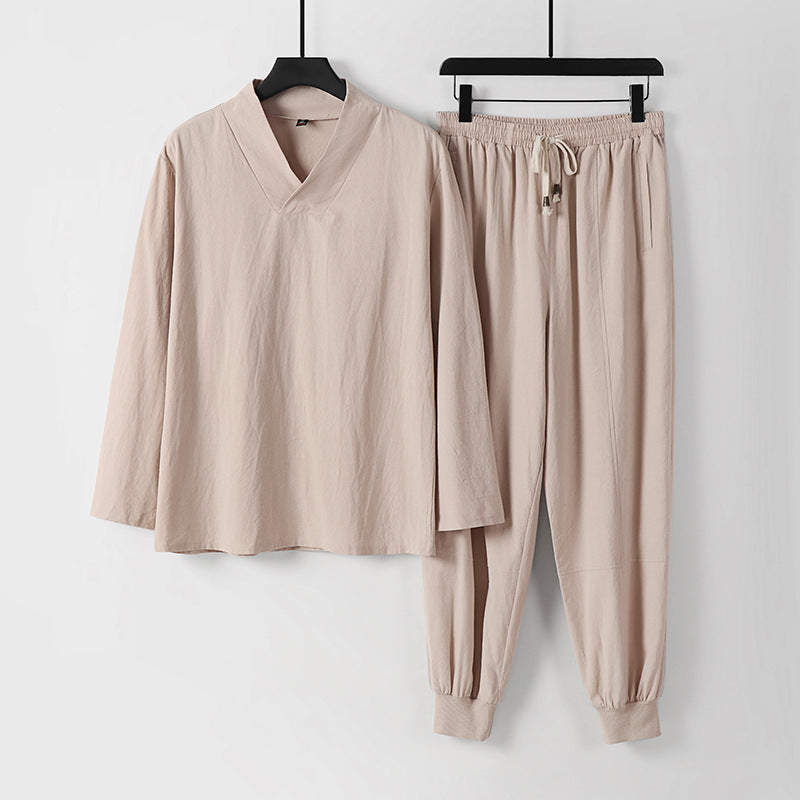 Herren Leichtes Kimono-Loungewear-Set aus Baumwollmix mit V‑Ausschnitt und elastischer Bündchenhose Nord Taschen