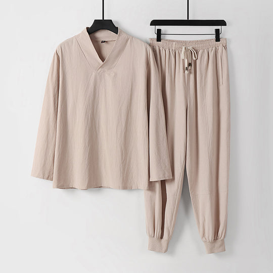 Herren Leichtes Kimono-Loungewear-Set aus Baumwollmix mit V‑Ausschnitt und elastischer Bündchenhose Nord Taschen