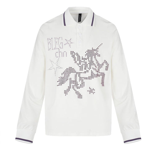 Damen Langarm-Poloshirt mit Strass-Applikation und kontrastierenden Bündchen Nord Taschen