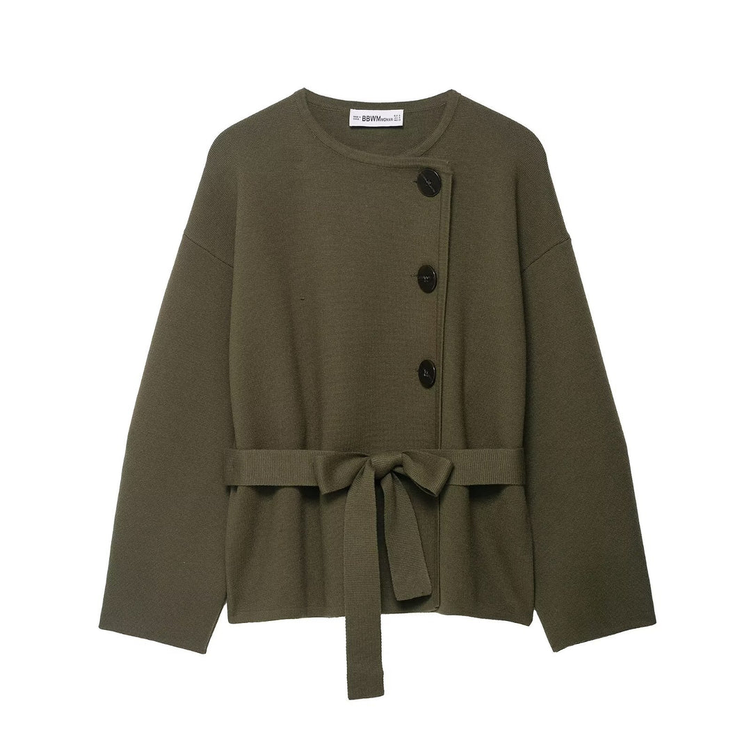 Damen Strickjacke mit asymmetrischer Knopfblende und Taillengürtel Nord Taschen
