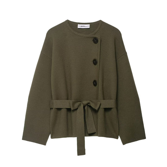 Damen Strickjacke mit asymmetrischer Knopfblende und Taillengürtel Nord Taschen
