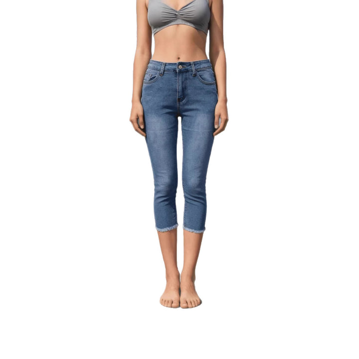 Damen schmale knöchellange Jeans mit rohem Fransenabschluss und mittelhoher Taille Nord Taschen
