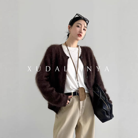 Damen Flauschiger Mohair-Optik V-Ausschnitt-Cardigan mit Knopfleiste Nord Taschen