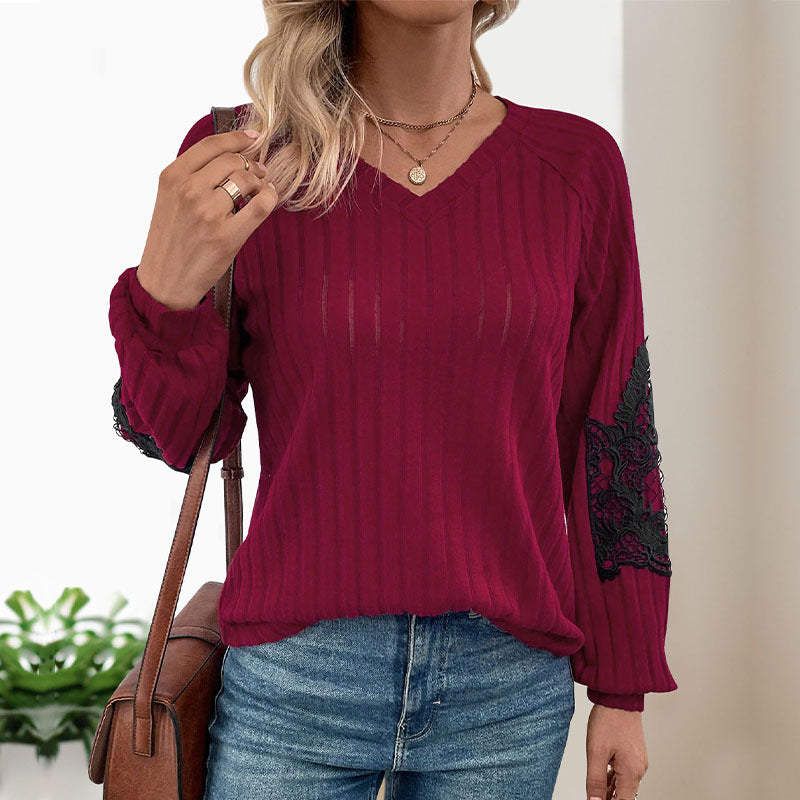 Damen Geripptes Longsleeve mit V‑Ausschnitt, Spitzen‑Einsätzen an den Ellbogen und Ballonärmeln Nord Taschen