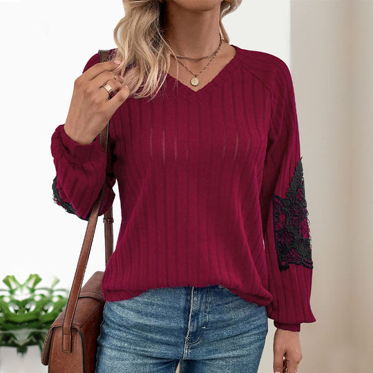 Damen Geripptes Longsleeve mit V‑Ausschnitt, Spitzen‑Einsätzen an den Ellbogen und Ballonärmeln Nord Taschen