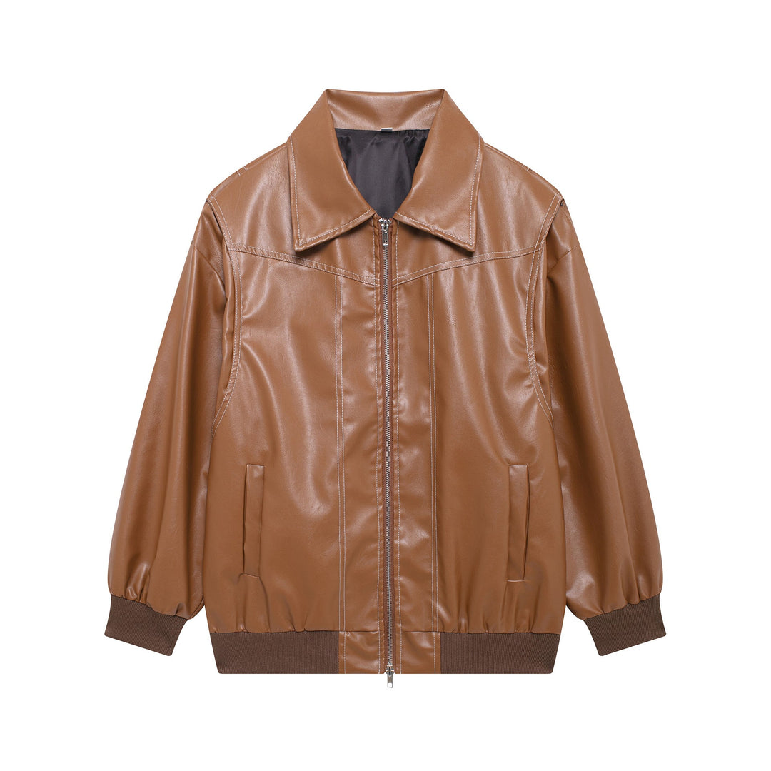 Damen Kunstlederjacke mit elastischen Bündchen und hochschließendem Kragen