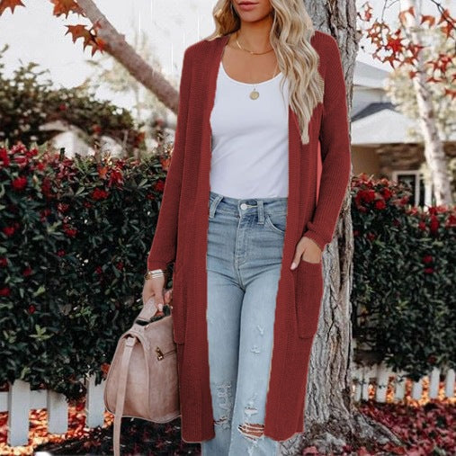 Damen Langer Strickcardigan mit elegantem offenes Design und praktischen Taschen
