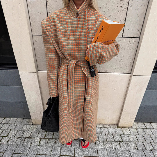 Damen Oversize Wollmantel mit Hahnentritt-Muster und Taillengürtel Nord Taschen