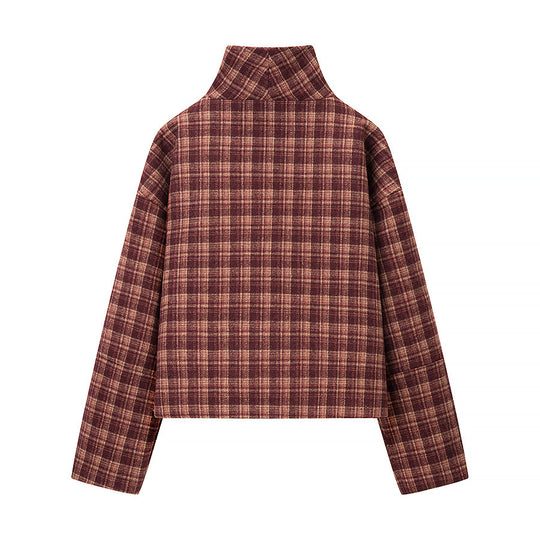 Damen Kurzjacke im Karomuster mit Boxy‑Schnitt, Stehkragen und asymmetrischer Knopfleiste Nord Taschen
