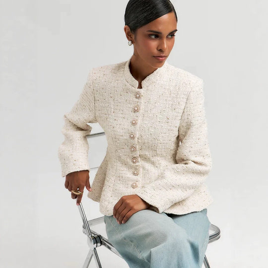 Damen Bouclé-Blazer mit Stehkragen und taillierter Schößchen-Silhouette Nord Taschen