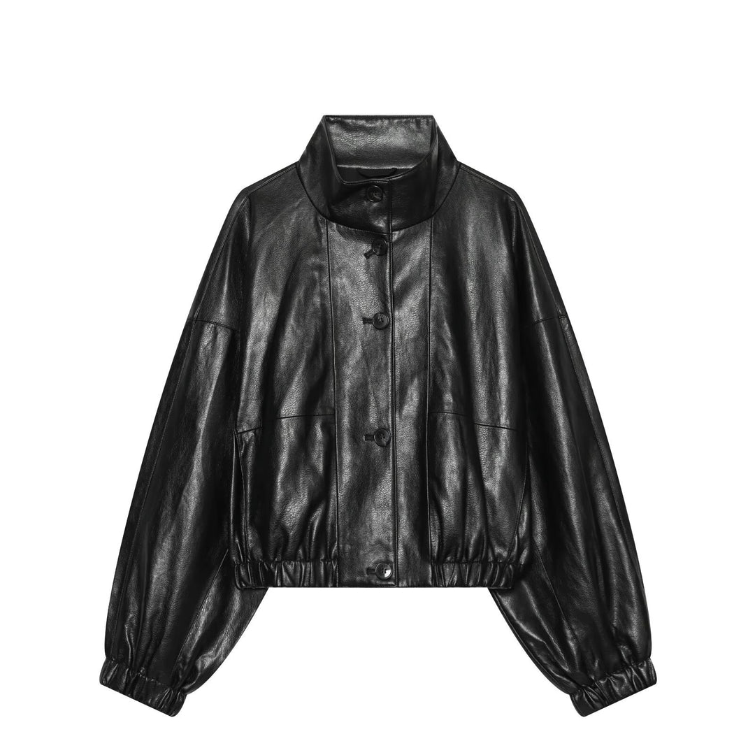 Damen Kurze Kunstleder‑Bomberjacke mit hohem Funnelkragen und elastischem Saum Nord Taschen
