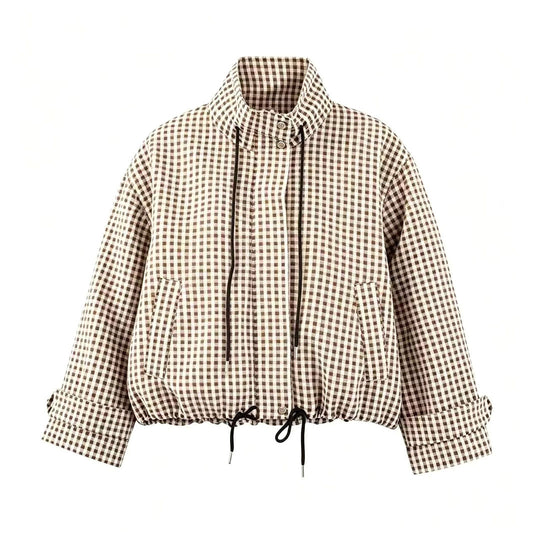 Damen Kurzjacke im Karo‑Look mit Tunnelzugsaum und hohem Stehkragen Nord Taschen