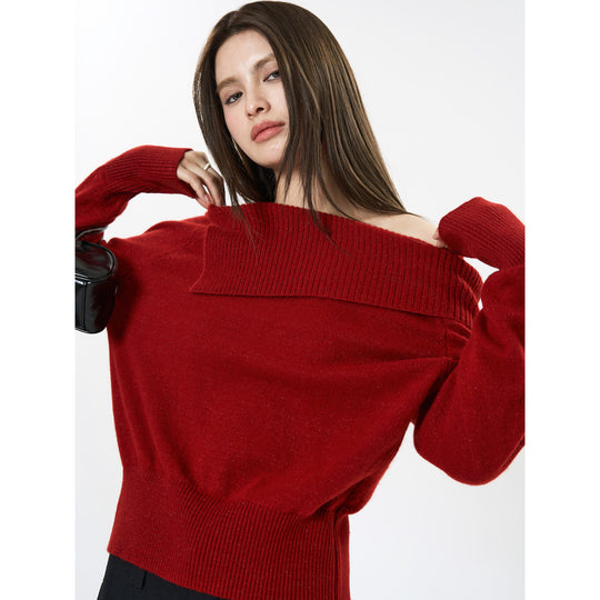 Damen Schulterfreier Oversize-Rippstrickpullover mit umgeschlagenem Kragen Nord Taschen